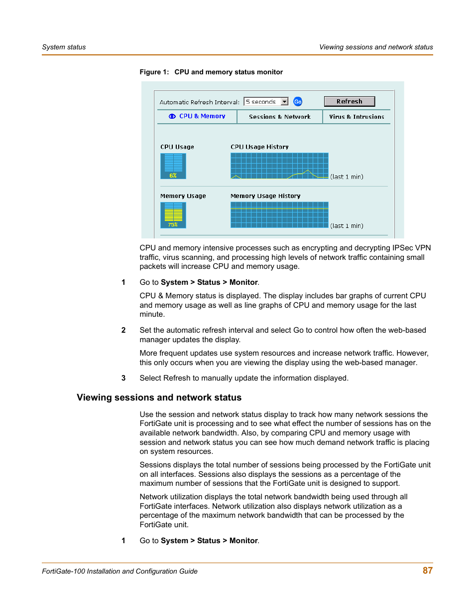 Viewing sessions and network status | Fortinet FortiGate 100 User Manual | Page 87 / 272