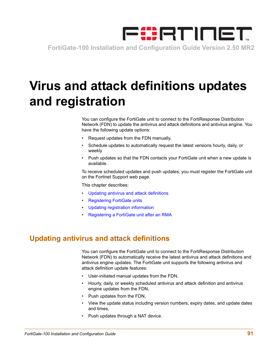 Updating antivirus and attack definitions, Updating antivirus and attack | Fortinet FortiGate 100 User Manual | Page 91 / 272