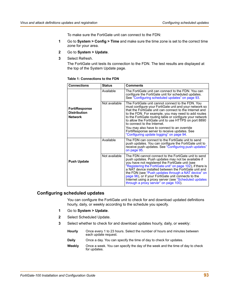 Configuring scheduled updates | Fortinet FortiGate 100 User Manual | Page 93 / 272