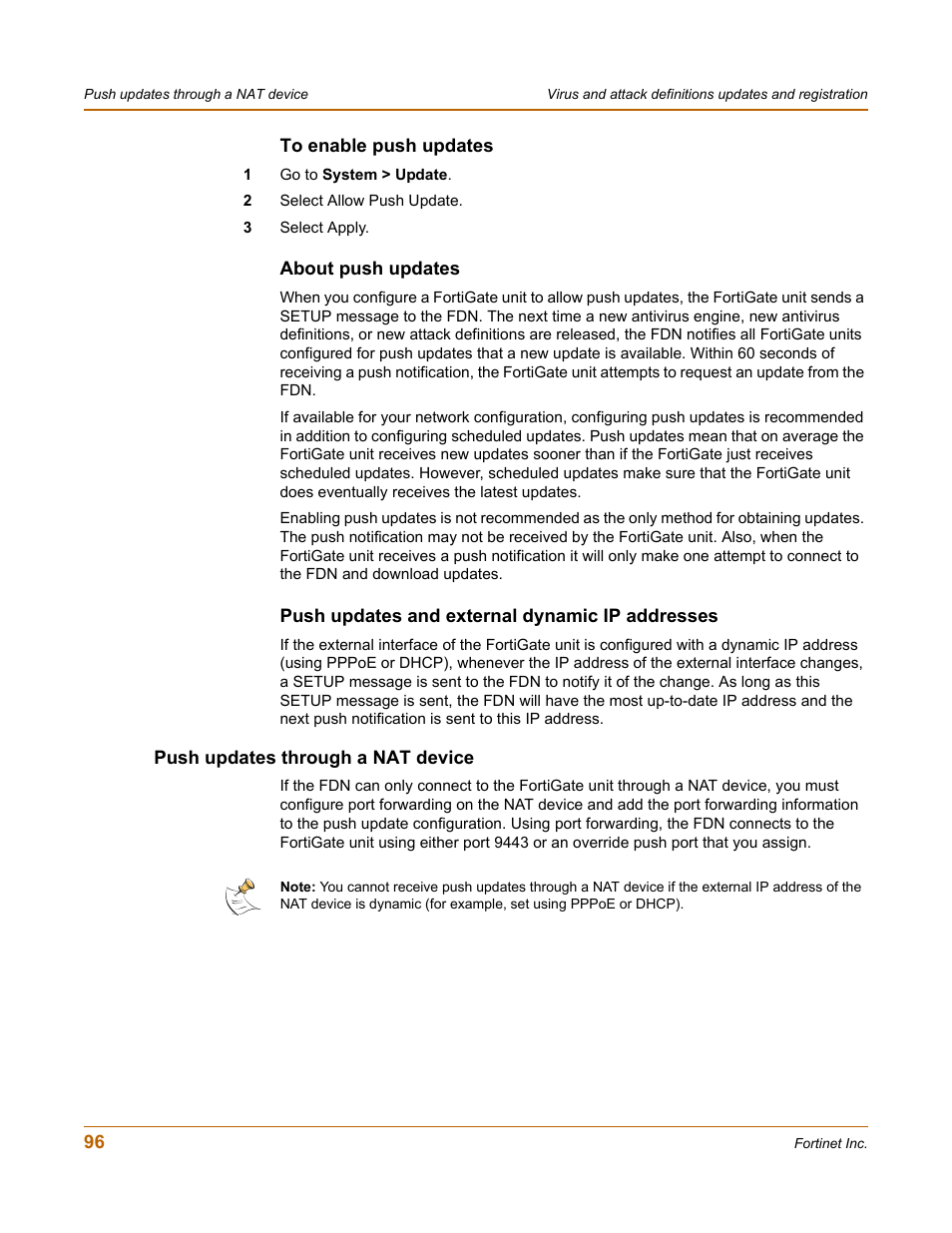 To enable push updates, About push updates, Push updates and external dynamic ip addresses | Push updates through a nat device, Push updates through a nat device” on, Push | Fortinet FortiGate 100 User Manual | Page 96 / 272