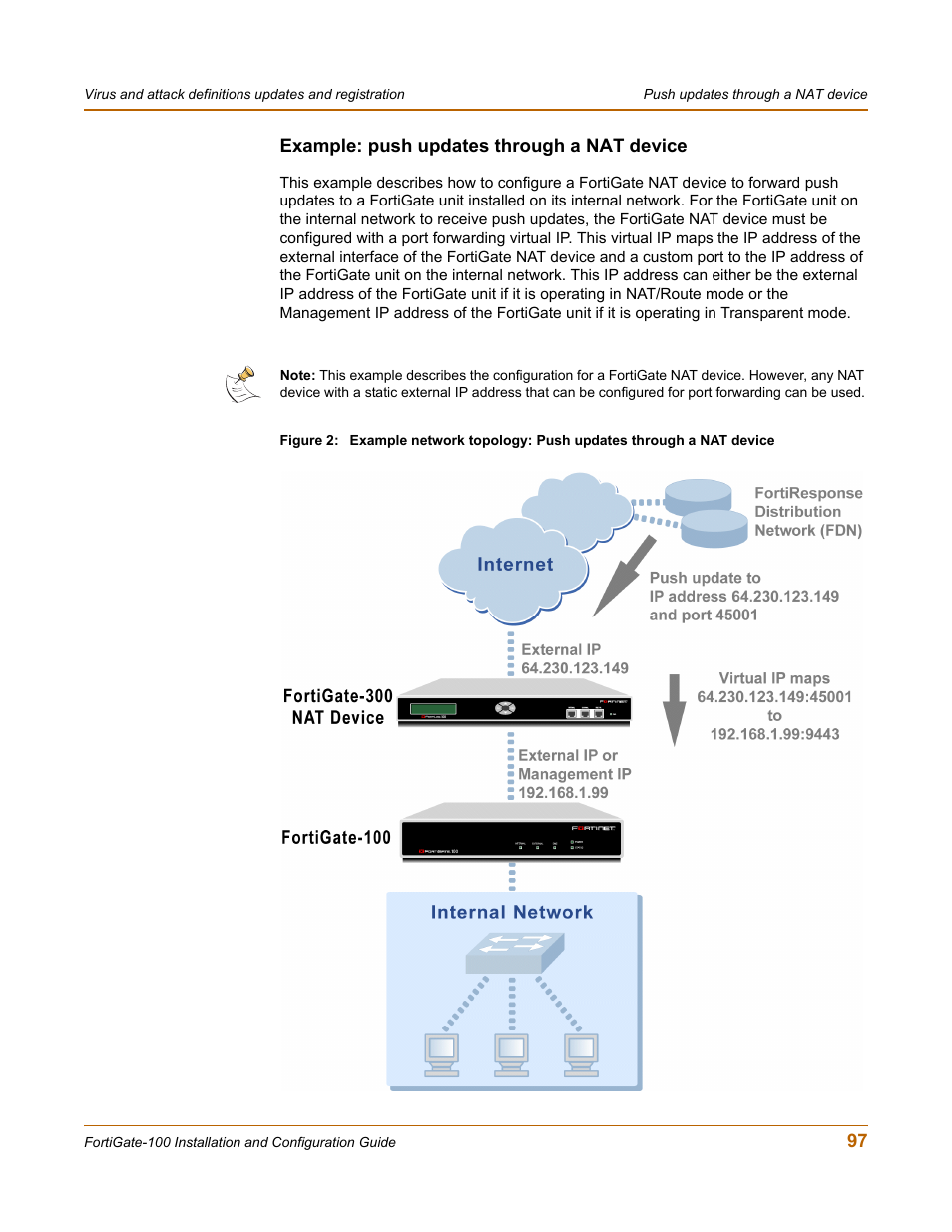 Example: push updates through a nat device | Fortinet FortiGate 100 User Manual | Page 97 / 272