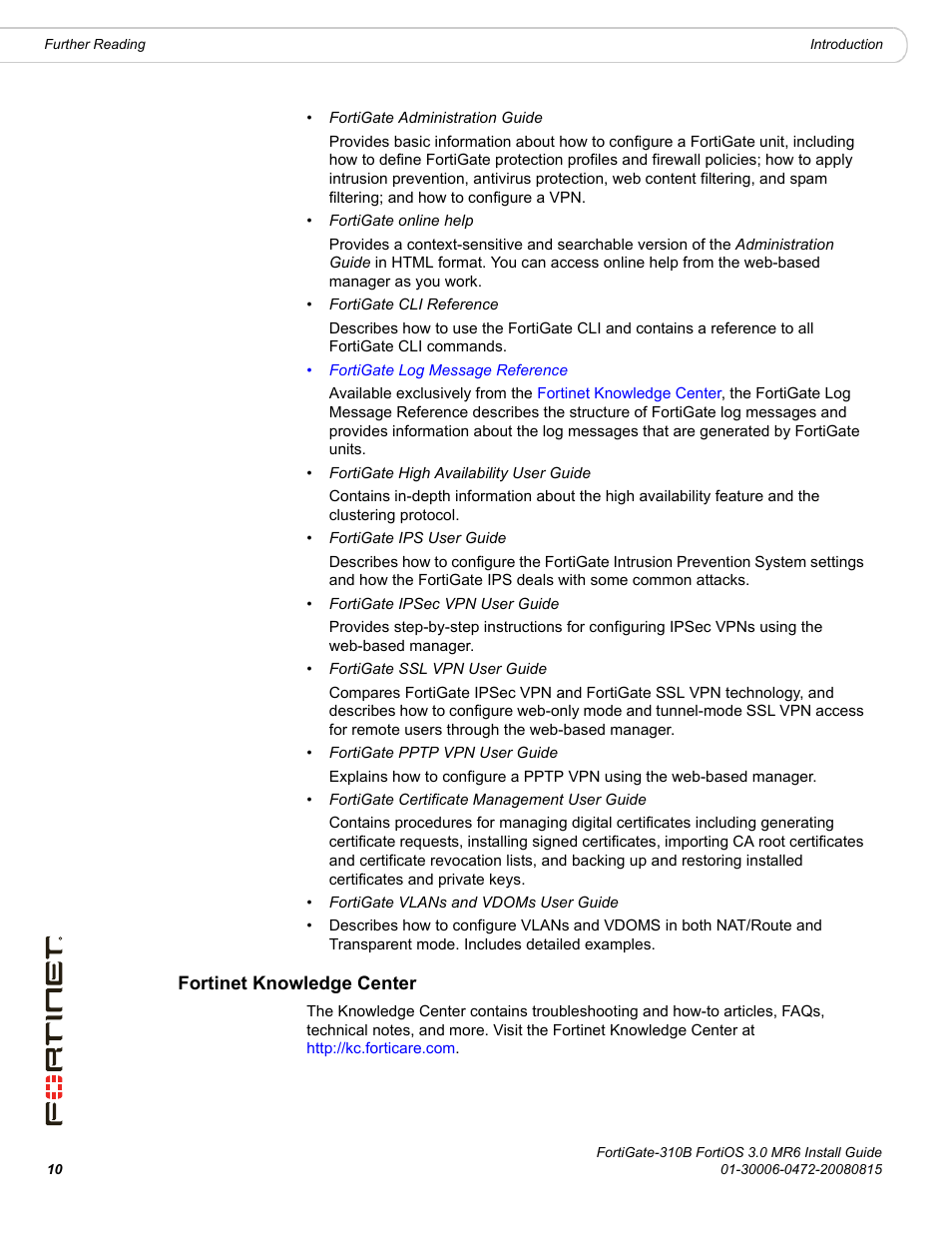 Fortinet knowledge center | Fortinet FortiGate 310B User Manual | Page 10 / 62