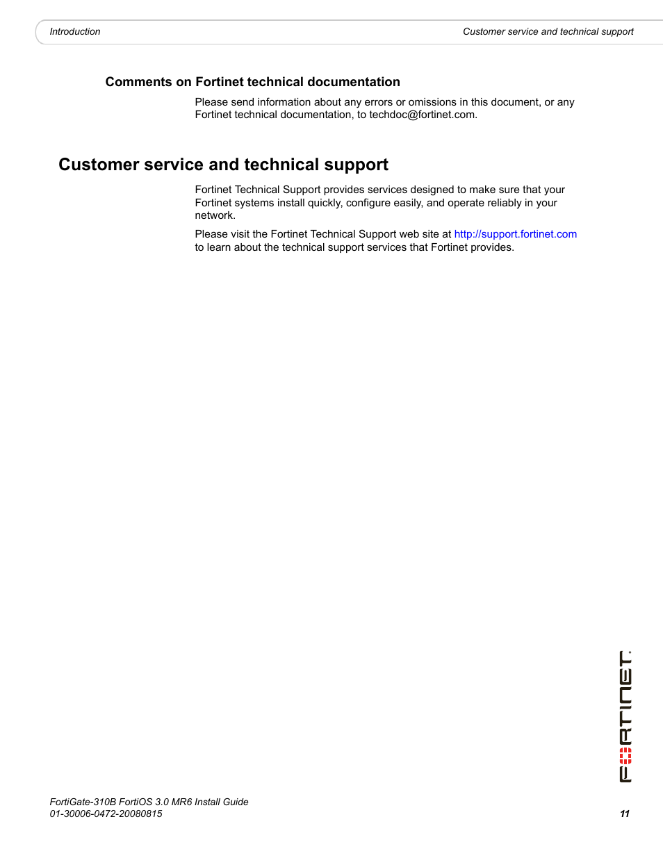 Comments on fortinet technical documentation, Customer service and technical support | Fortinet FortiGate 310B User Manual | Page 11 / 62