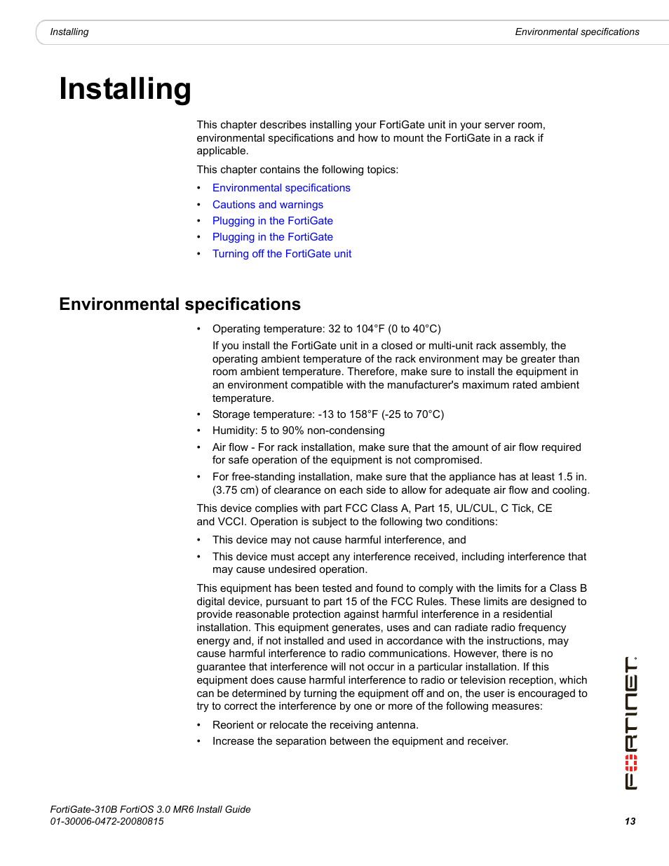 Installing, Environmental specifications | Fortinet FortiGate 310B User Manual | Page 13 / 62