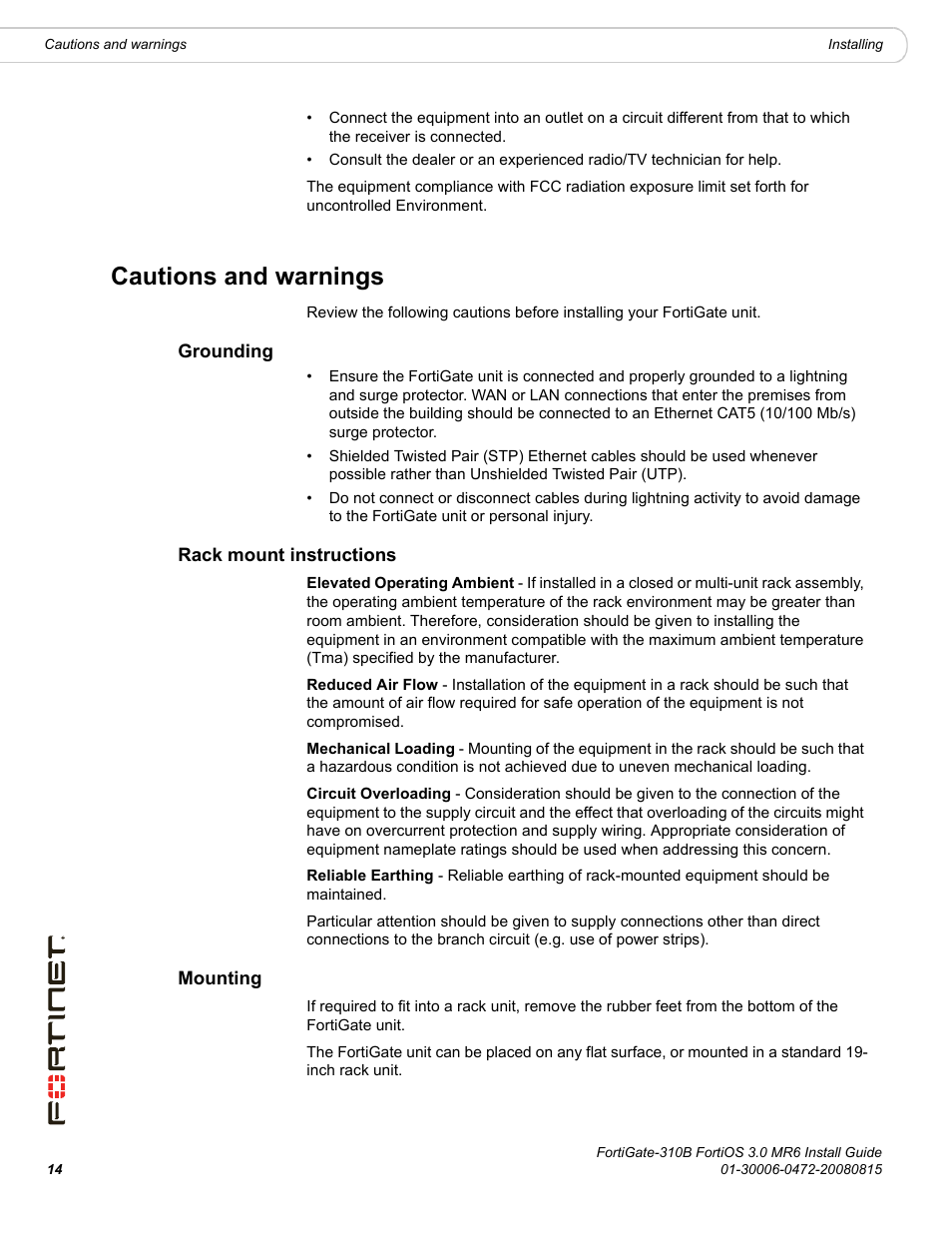 Cautions and warnings, Grounding, Rack mount instructions | Mounting, Grounding rack mount instructions mounting | Fortinet FortiGate 310B User Manual | Page 14 / 62