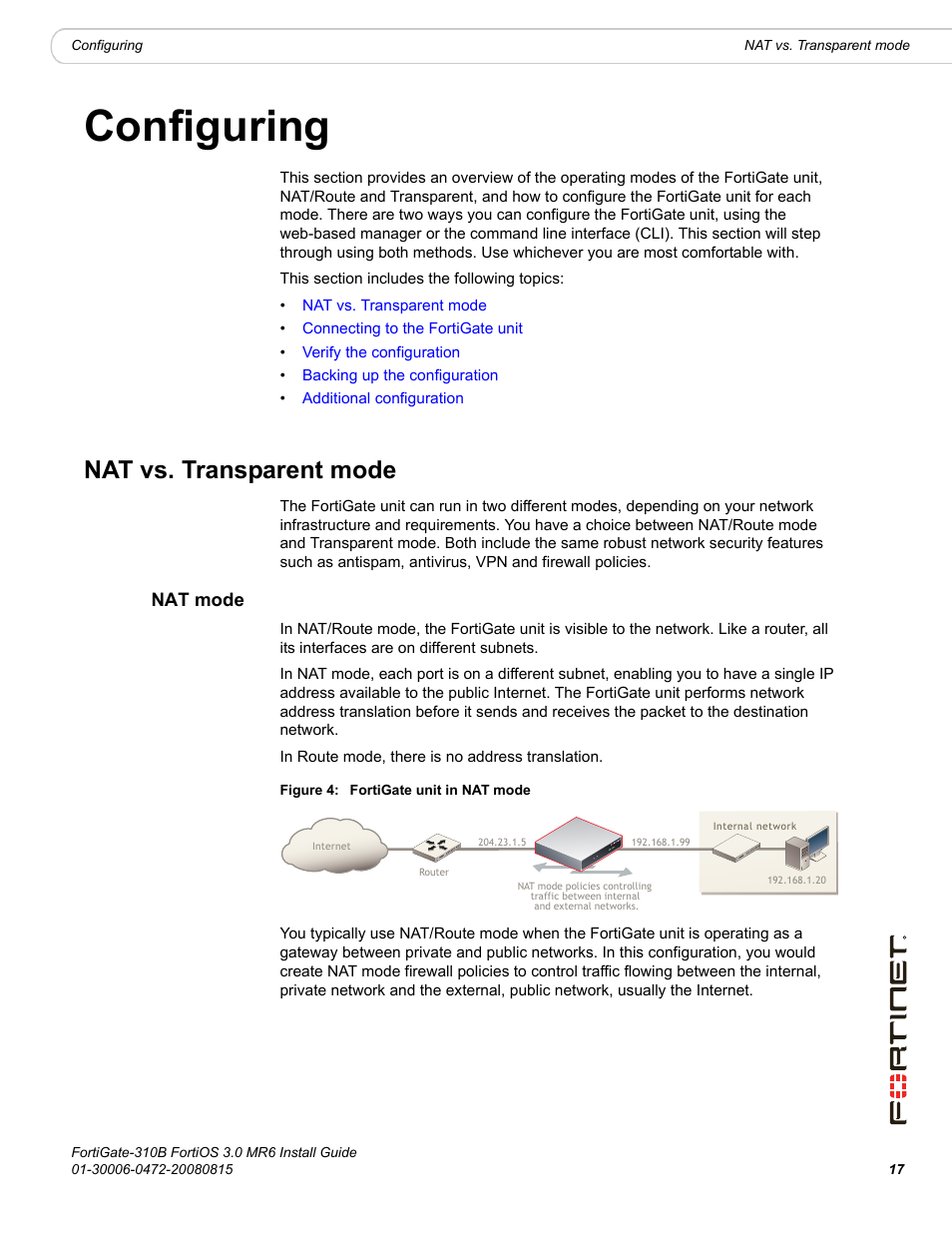 Configuring, Nat vs. transparent mode, Nat mode | Provid | Fortinet FortiGate 310B User Manual | Page 17 / 62