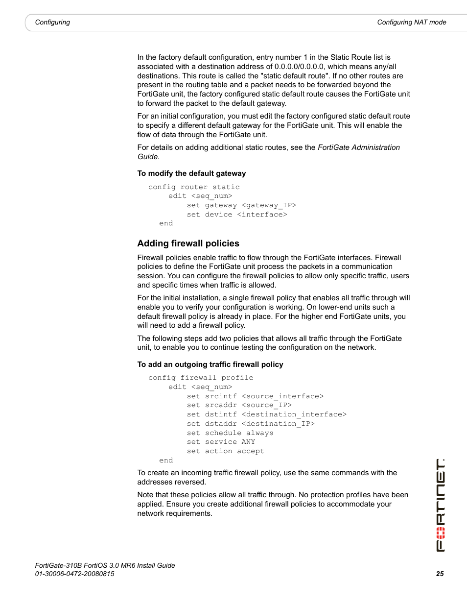 Adding firewall policies | Fortinet FortiGate 310B User Manual | Page 25 / 62