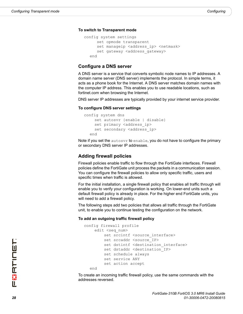 Configure a dns server, Adding firewall policies, Configure a dns server adding firewall policies | Fortinet FortiGate 310B User Manual | Page 28 / 62