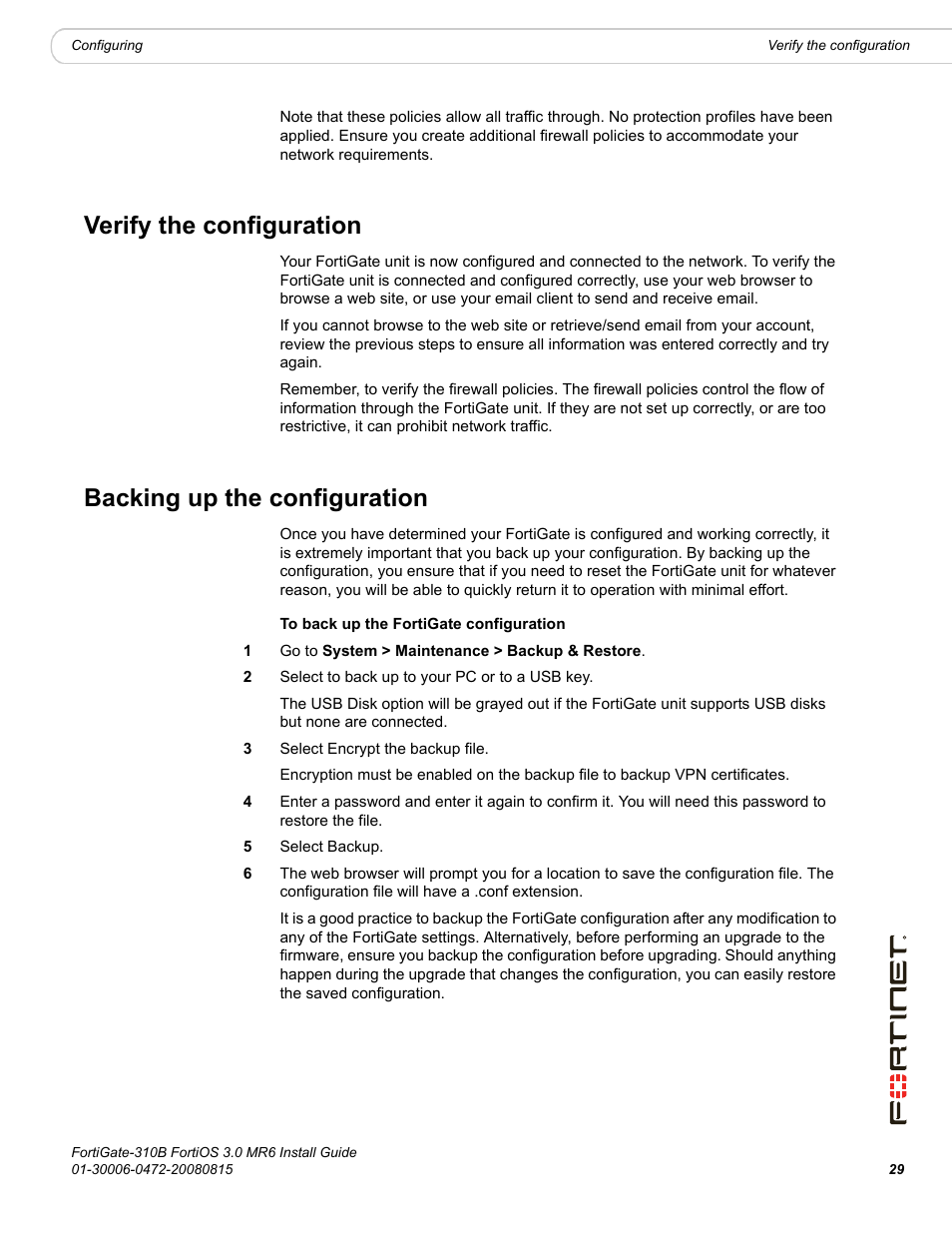 Verify the configuration, Backing up the configuration | Fortinet FortiGate 310B User Manual | Page 29 / 62