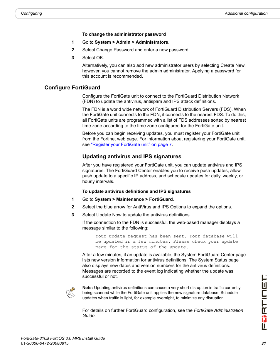 Configure fortiguard, Updating antivirus and ips signatures | Fortinet FortiGate 310B User Manual | Page 31 / 62