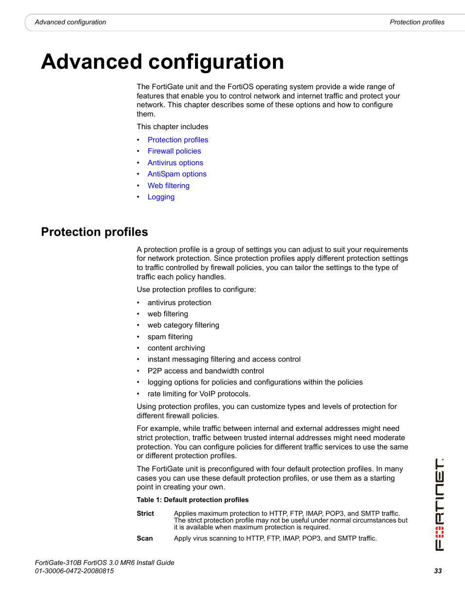 Advanced configuration, Protection profiles | Fortinet FortiGate 310B User Manual | Page 33 / 62