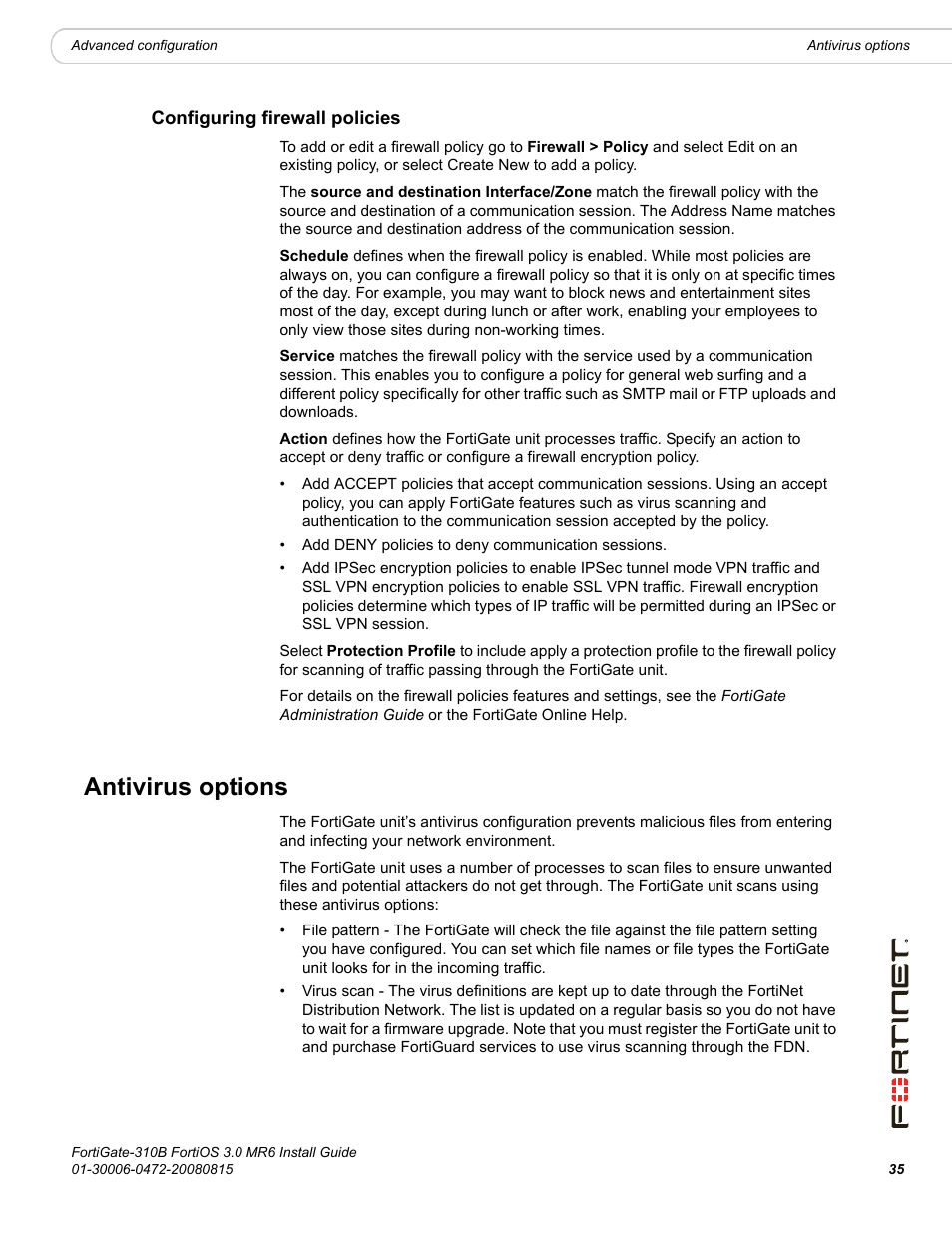 Configuring firewall policies, Antivirus options | Fortinet FortiGate 310B User Manual | Page 35 / 62