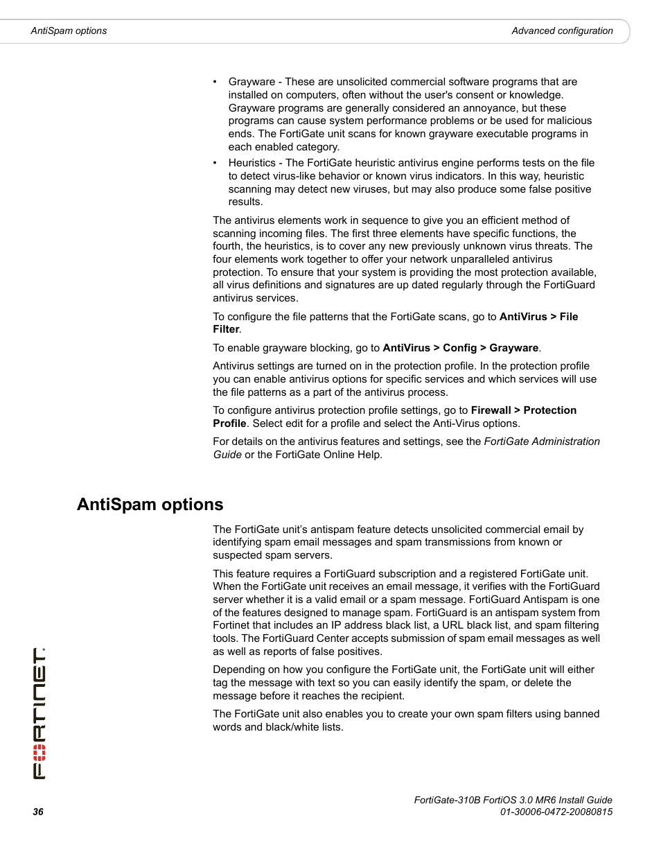 Antispam options | Fortinet FortiGate 310B User Manual | Page 36 / 62