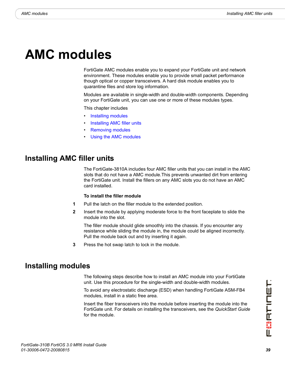 Amc modules, Installing amc filler units, Installing modules | Fortinet FortiGate 310B User Manual | Page 39 / 62