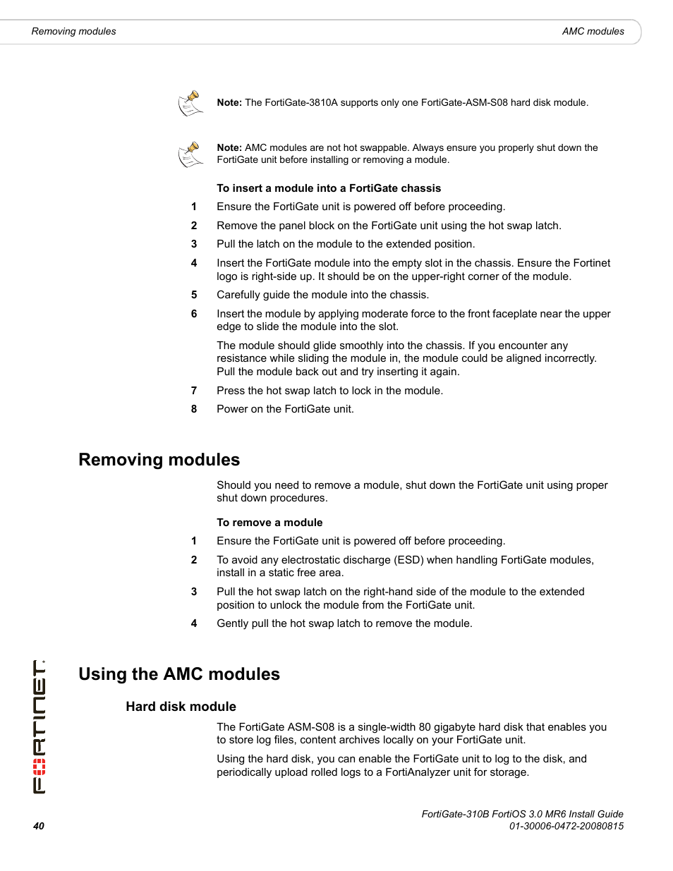 Removing modules, Using the amc modules, Hard disk module | Fortinet FortiGate 310B User Manual | Page 40 / 62