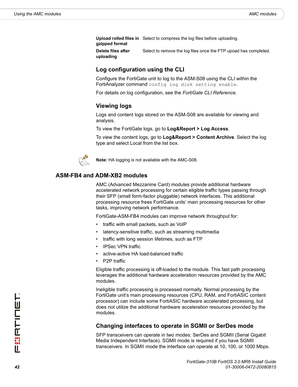 Log configuration using the cli, Viewing logs, Asm-fb4 and adm-xb2 modules | Log configuration using the cli viewing logs | Fortinet FortiGate 310B User Manual | Page 42 / 62