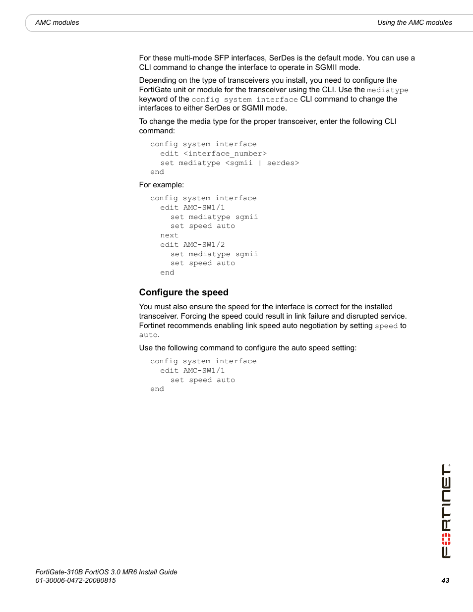 Configure the speed | Fortinet FortiGate 310B User Manual | Page 43 / 62