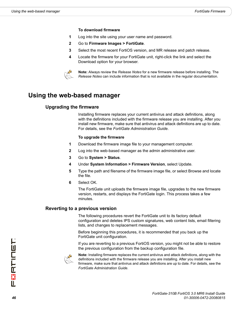 Using the web-based manager, Upgrading the firmware, Reverting to a previous version | Fortinet FortiGate 310B User Manual | Page 46 / 62