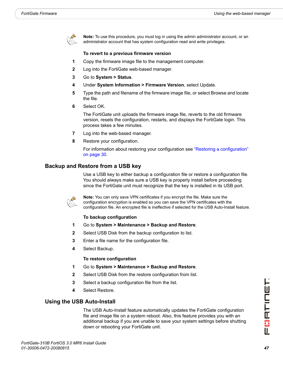 Backup and restore from a usb key, Using the usb auto-install | Fortinet FortiGate 310B User Manual | Page 47 / 62