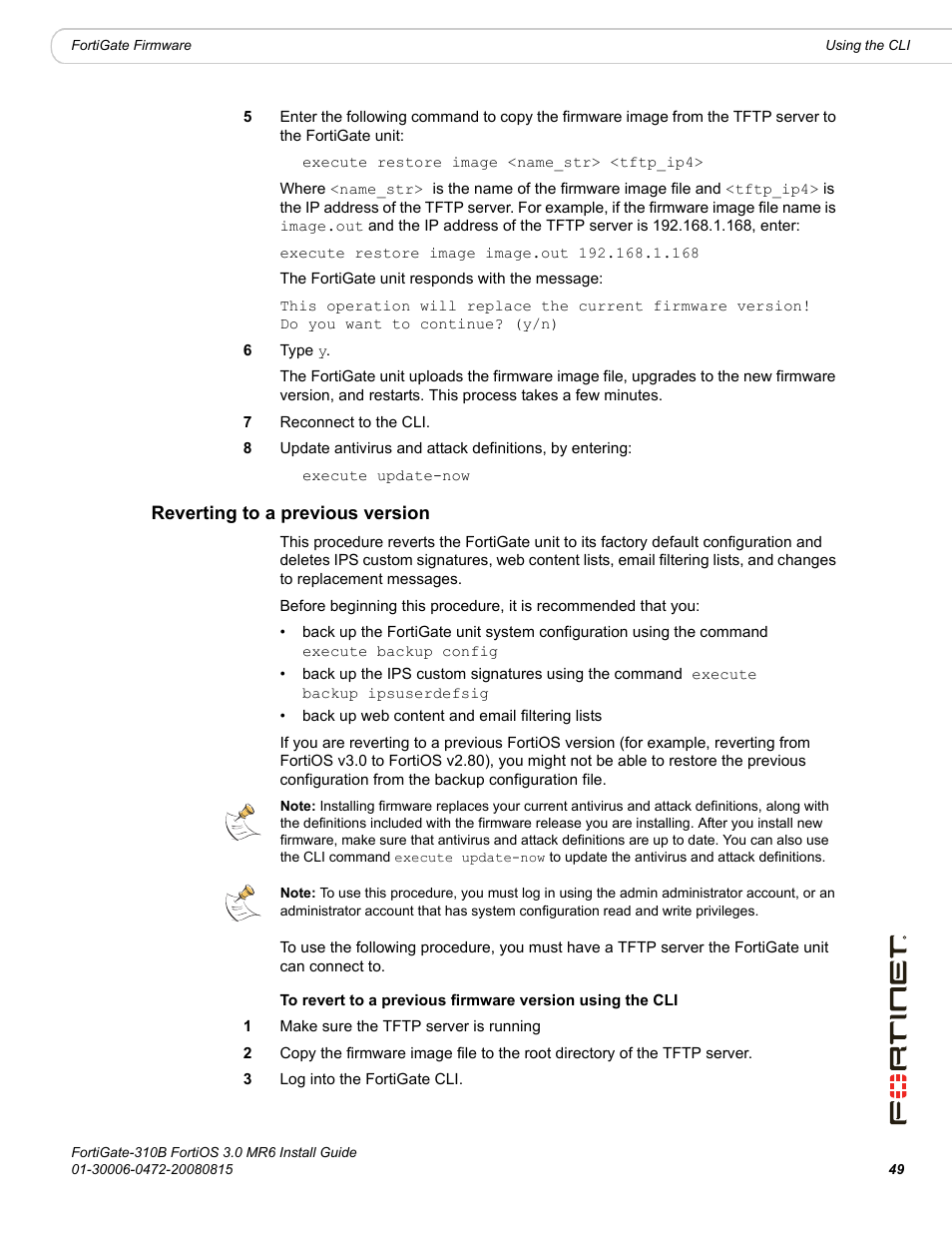 Reverting to a previous version | Fortinet FortiGate 310B User Manual | Page 49 / 62