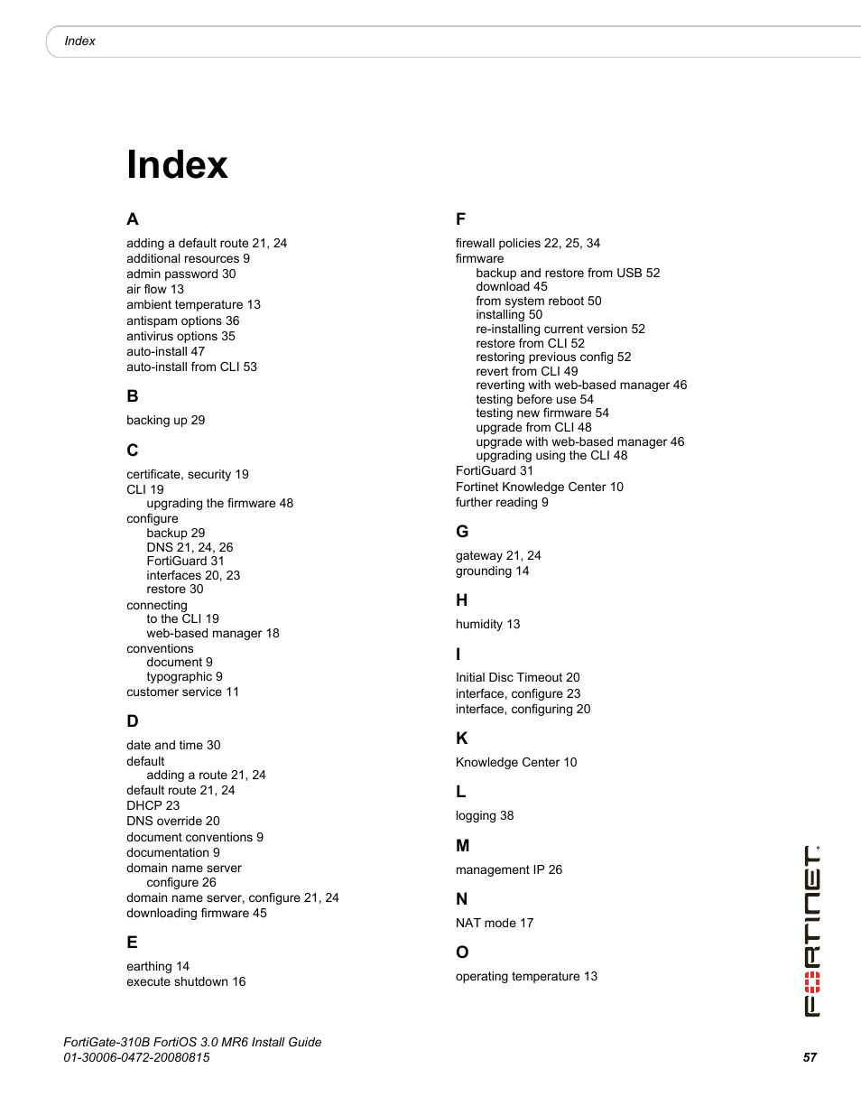 Index | Fortinet FortiGate 310B User Manual | Page 57 / 62