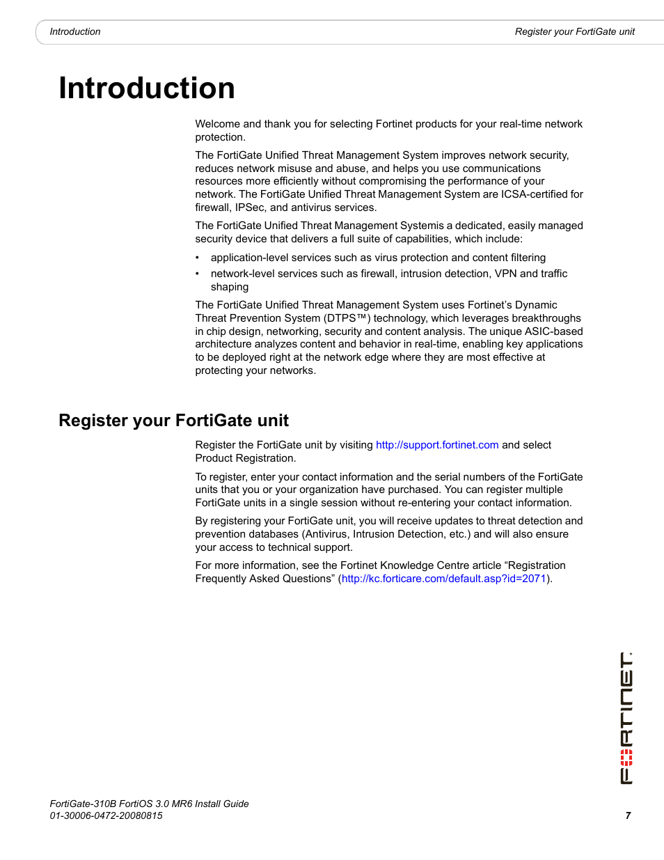 Introduction, Register your fortigate unit | Fortinet FortiGate 310B User Manual | Page 7 / 62