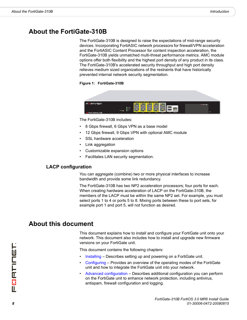 About the fortigate-310b, Lacp configuration, About this document | Fortinet FortiGate 310B User Manual | Page 8 / 62