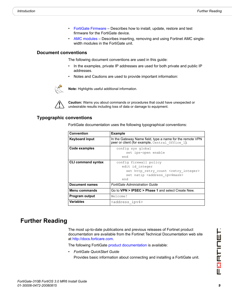 Document conventions, Typographic conventions, Further reading | Document conventions typographic conventions | Fortinet FortiGate 310B User Manual | Page 9 / 62