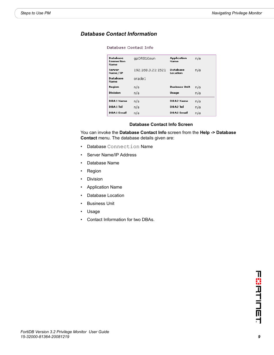 Database contact information | Fortinet FortiDB User Manual | Page 11 / 52