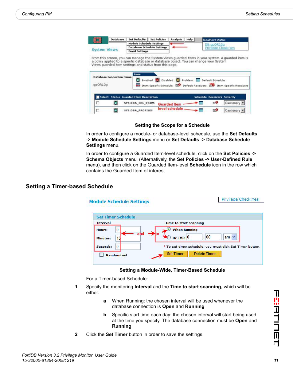 Setting a timer-based schedule | Fortinet FortiDB User Manual | Page 13 / 52