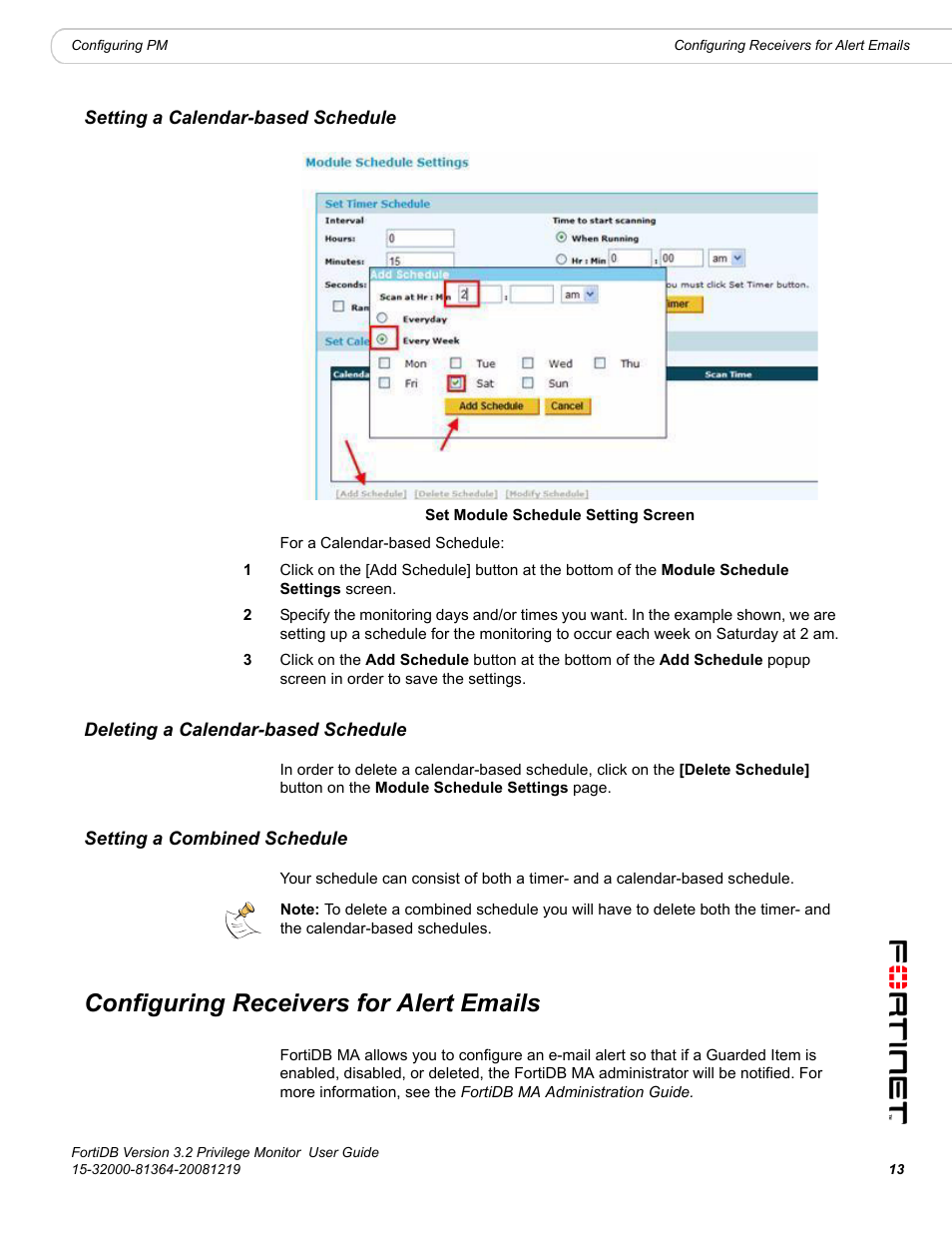 Setting a calendar-based schedule, Deleting a calendar-based schedule, Setting a combined schedule | Configuring receivers for alert emails | Fortinet FortiDB User Manual | Page 15 / 52