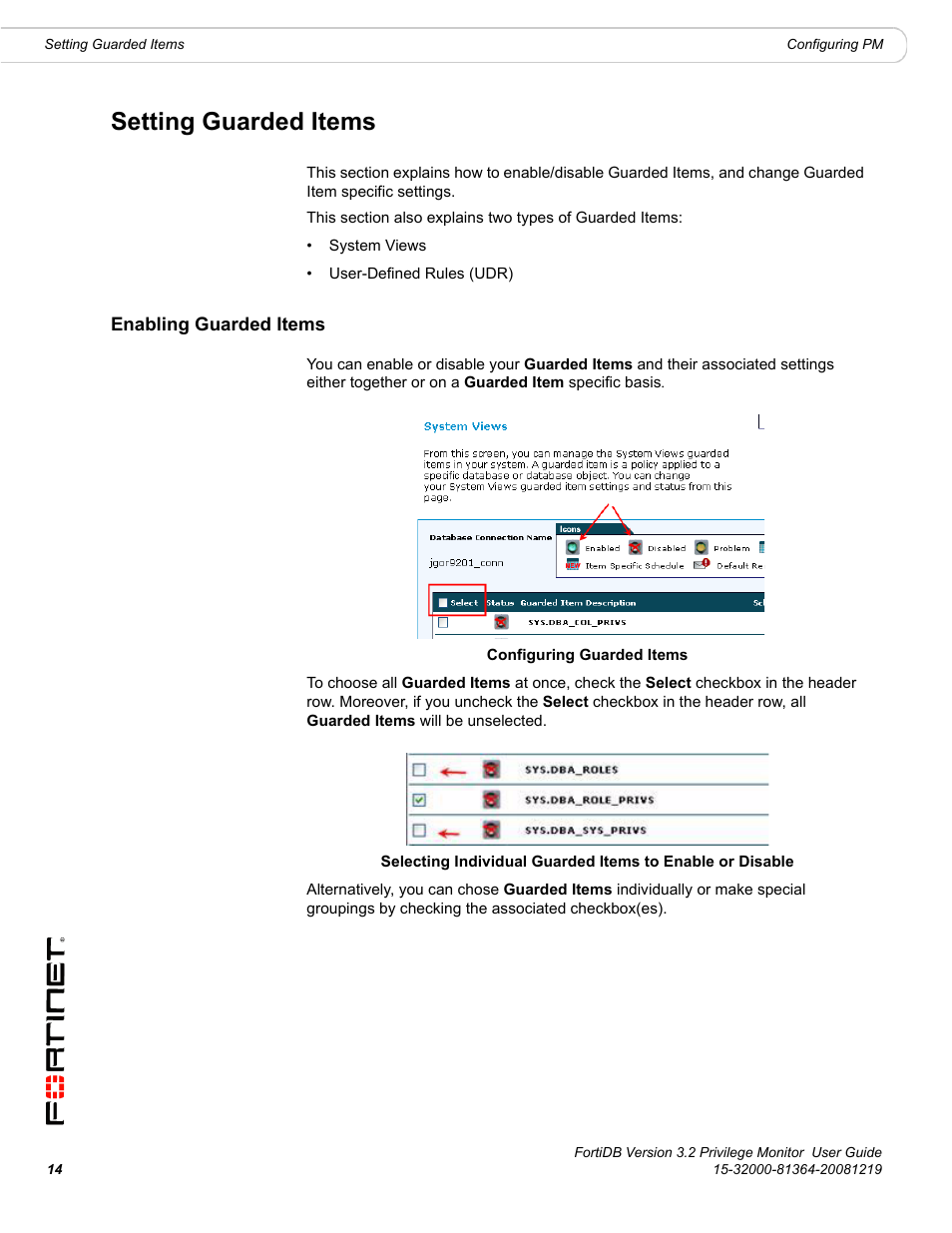 Setting guarded items, Enabling guarded items | Fortinet FortiDB User Manual | Page 16 / 52