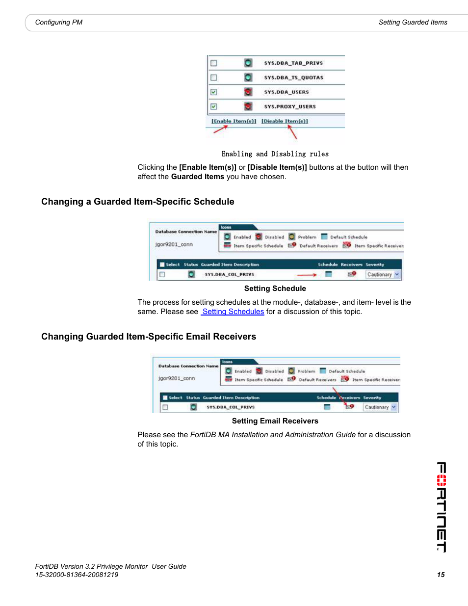 Changing a guarded item-specific schedule, Changing guarded item-specific email receivers | Fortinet FortiDB User Manual | Page 17 / 52