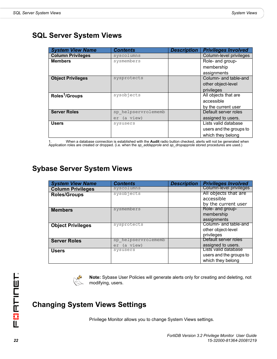 Sql server system views, Sybase server system views, Changing system views settings | Fortinet FortiDB User Manual | Page 24 / 52