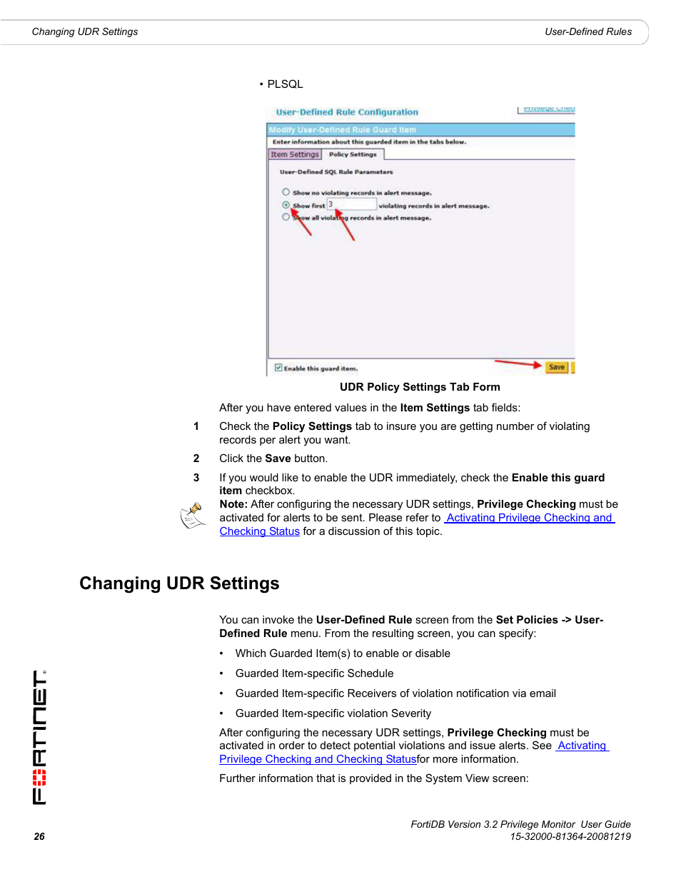 Changing udr settings | Fortinet FortiDB User Manual | Page 28 / 52