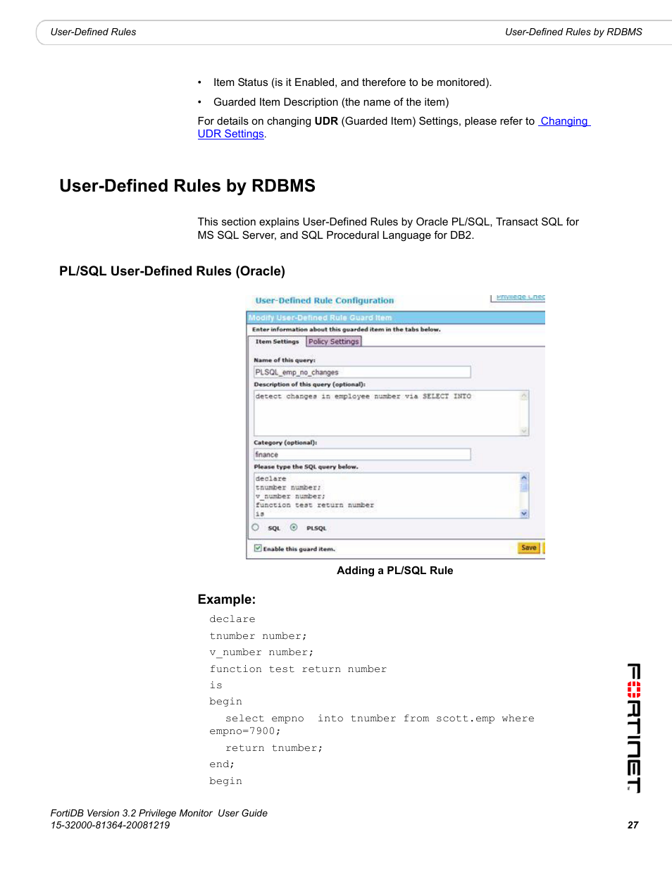 User-defined rules by rdbms, Pl/sql user-defined rules (oracle) | Fortinet FortiDB User Manual | Page 29 / 52