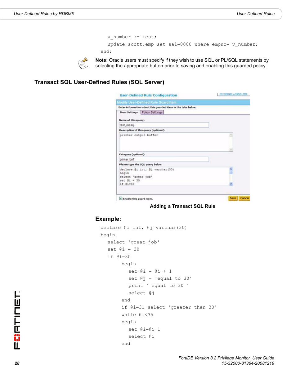 Transact sql user-defined rules (sql server) | Fortinet FortiDB User Manual | Page 30 / 52