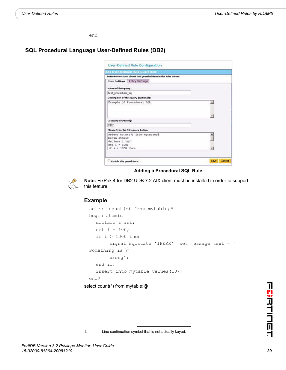 Sql procedural language user-defined rules (db2) | Fortinet FortiDB User Manual | Page 31 / 52