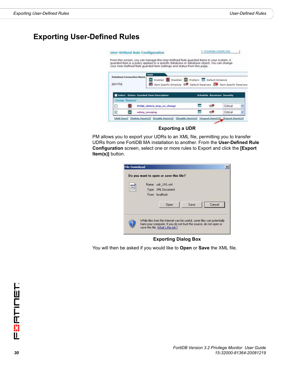 Exporting user-defined rules | Fortinet FortiDB User Manual | Page 32 / 52