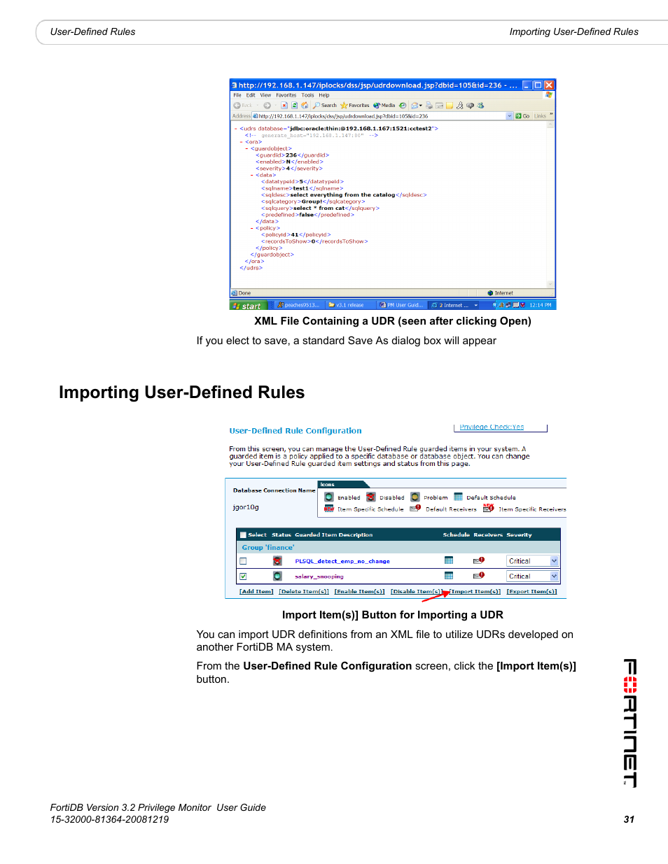 Importing user-defined rules | Fortinet FortiDB User Manual | Page 33 / 52