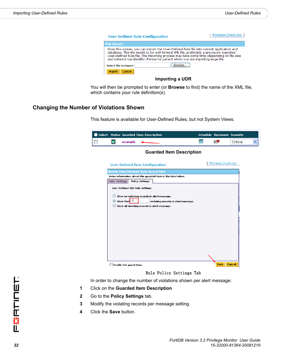 Changing the number of violations shown | Fortinet FortiDB User Manual | Page 34 / 52