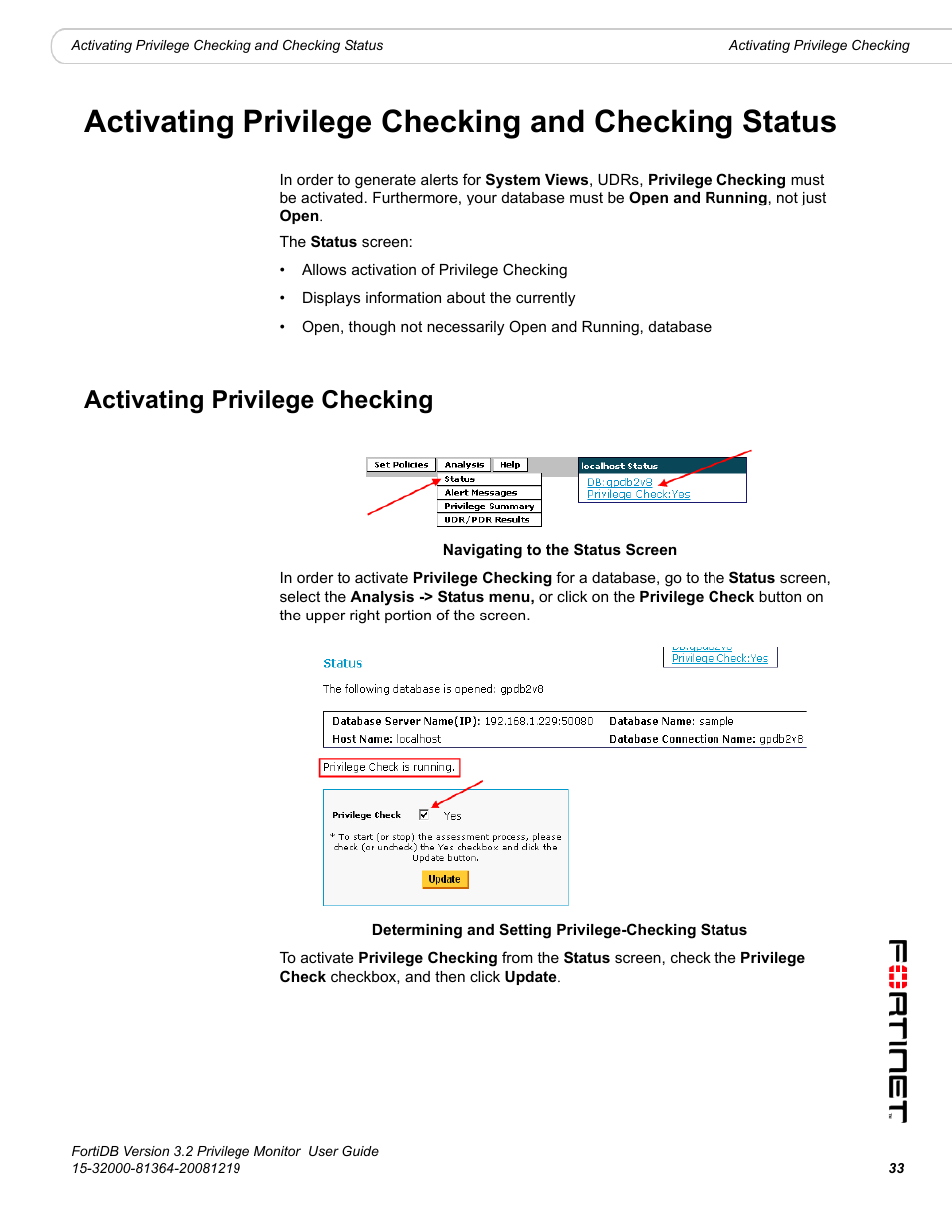 Activating privilege checking and checking status, Activating privilege checking, Activating | Privilege checking and checking status, Activating privilege checking and, Checking status | Fortinet FortiDB User Manual | Page 35 / 52