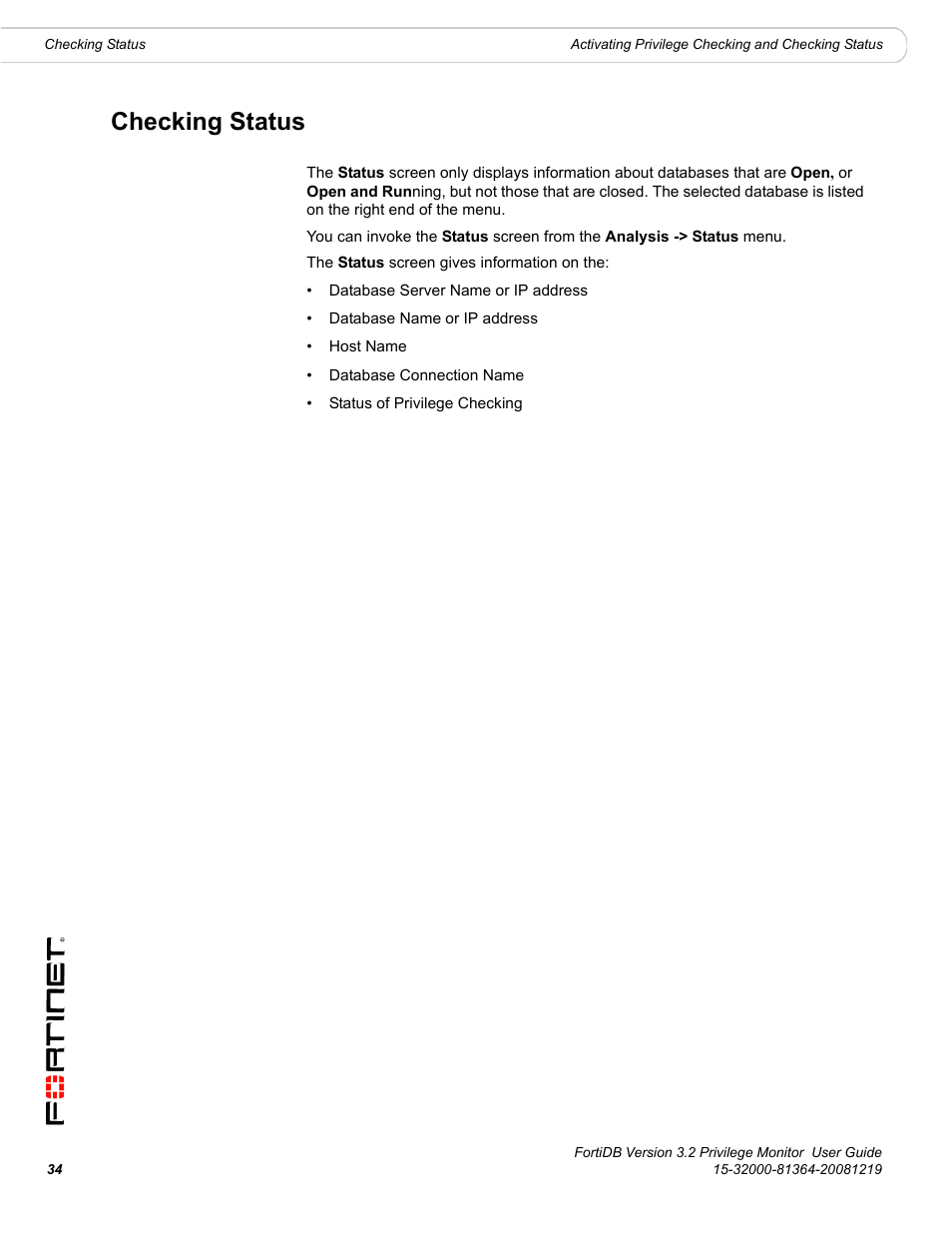 Checking status | Fortinet FortiDB User Manual | Page 36 / 52