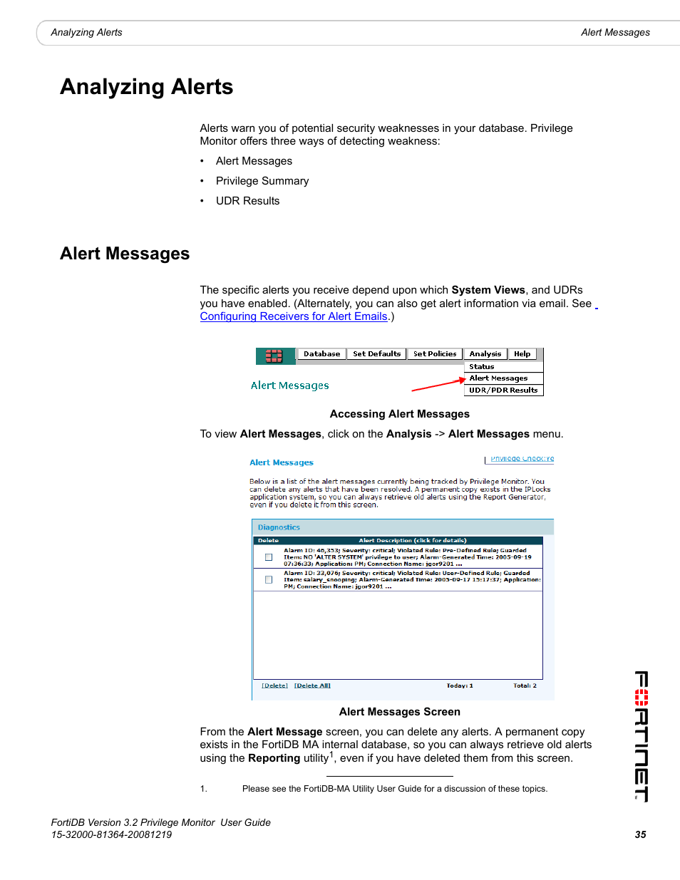 Analyzing alerts, Alert messages | Fortinet FortiDB User Manual | Page 37 / 52