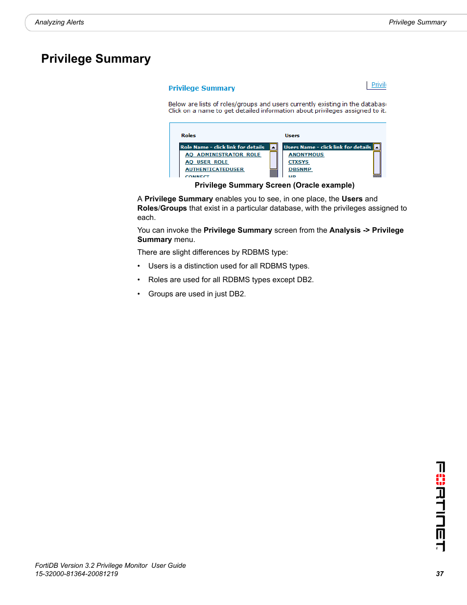 Privilege summary | Fortinet FortiDB User Manual | Page 39 / 52