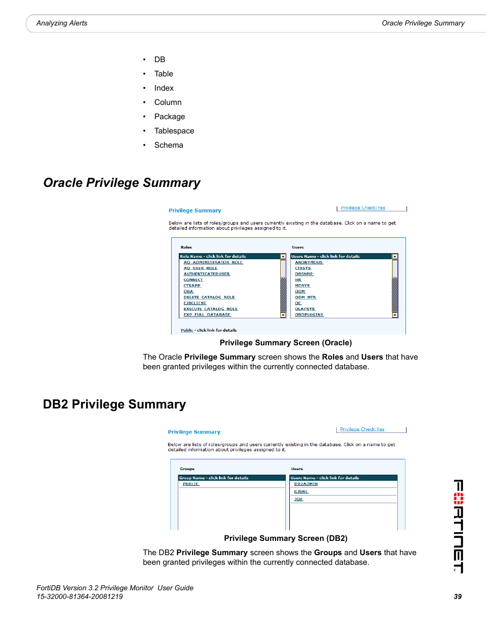 Oracle privilege summary, Db2 privilege summary, Oracle privilege summary db2 privilege summary | Fortinet FortiDB User Manual | Page 41 / 52