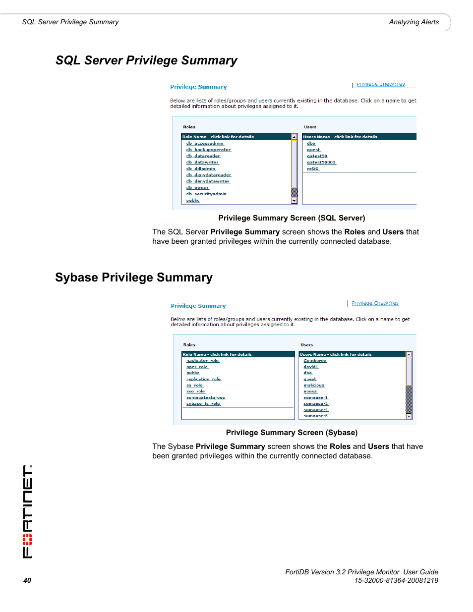 Sql server privilege summary, Sybase privilege summary | Fortinet FortiDB User Manual | Page 42 / 52