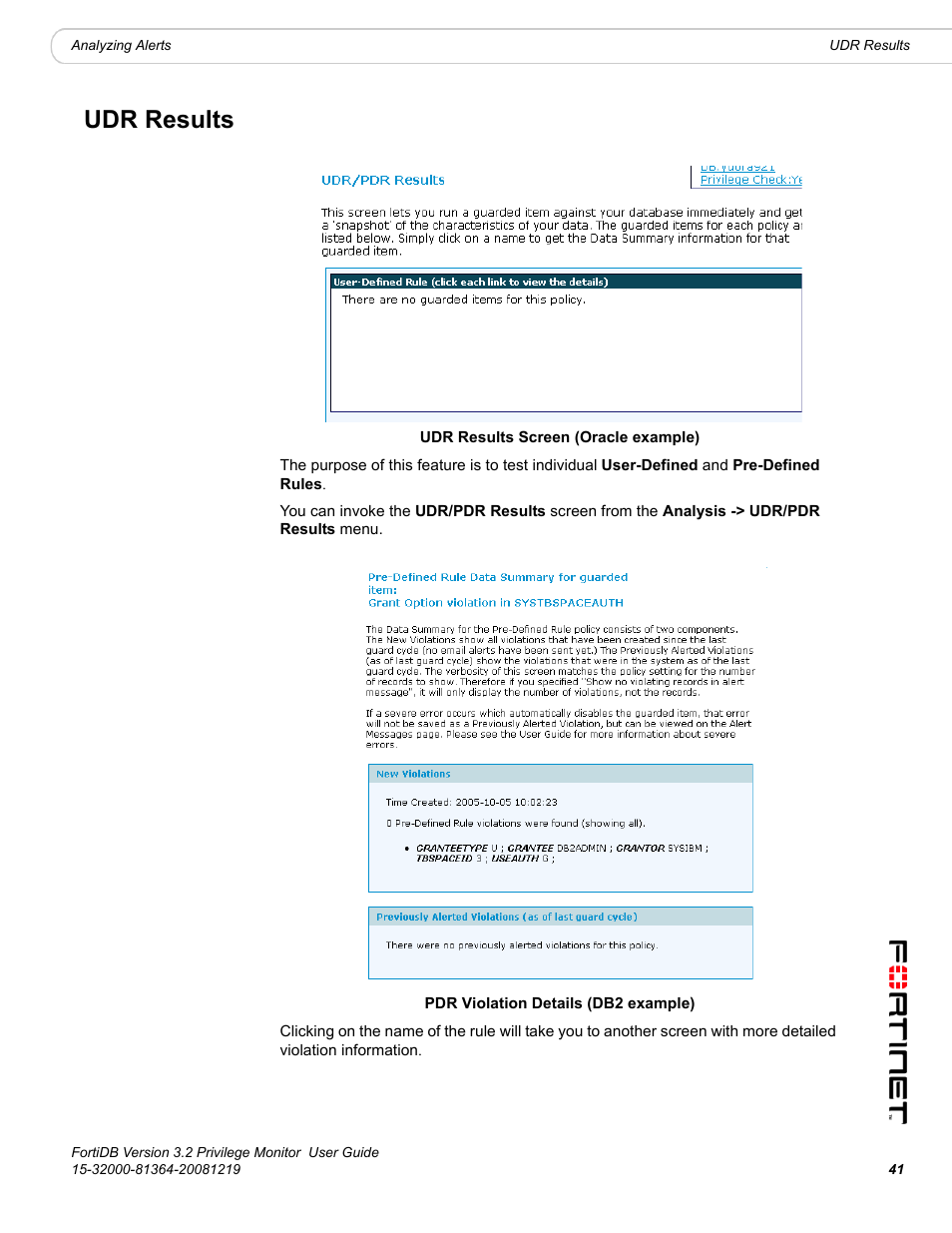 Udr results | Fortinet FortiDB User Manual | Page 43 / 52