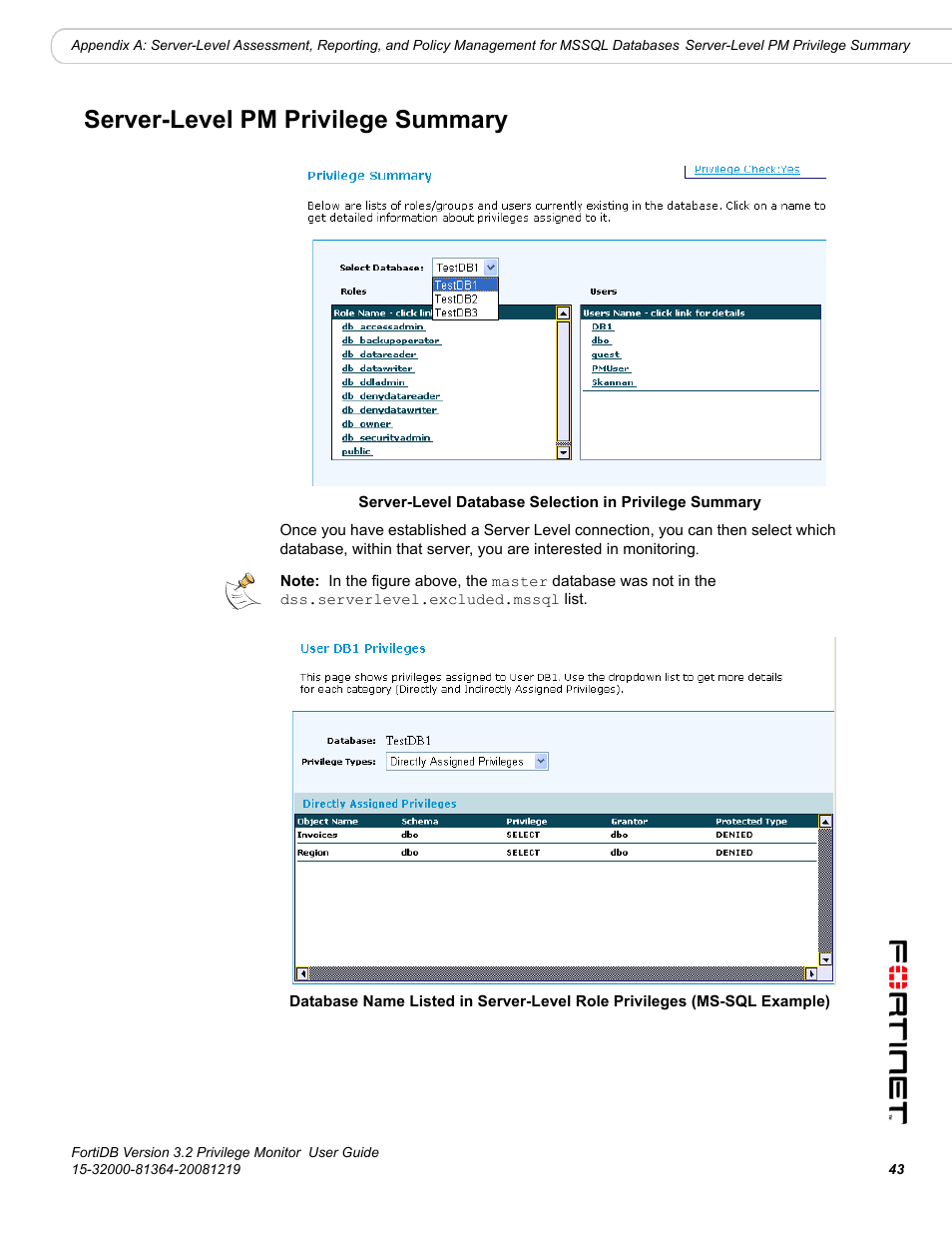 Server-level pm privilege summary | Fortinet FortiDB User Manual | Page 45 / 52