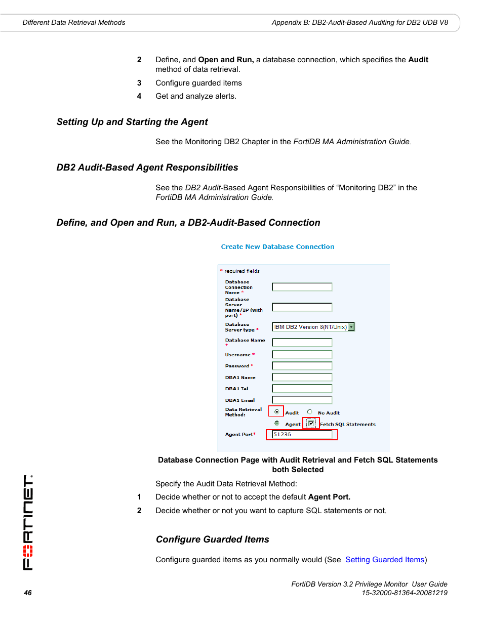 Setting up and starting the agent, Db2 audit-based agent responsibilities, Configure guarded items | Fortinet FortiDB User Manual | Page 48 / 52